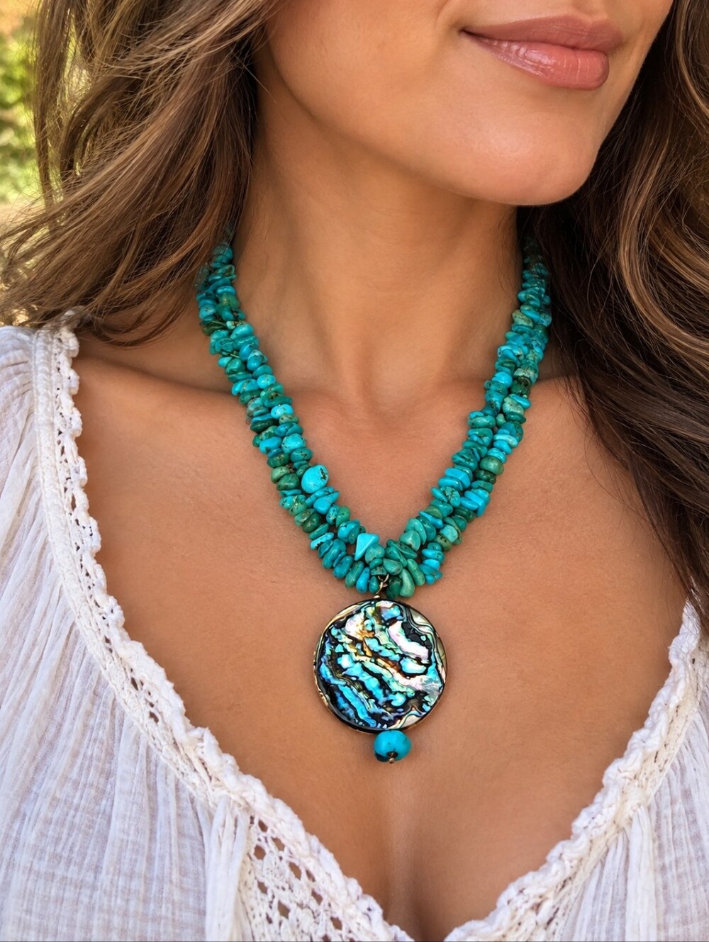 Turquoise Chip Necklace with Natural Abalone Shell Pendant